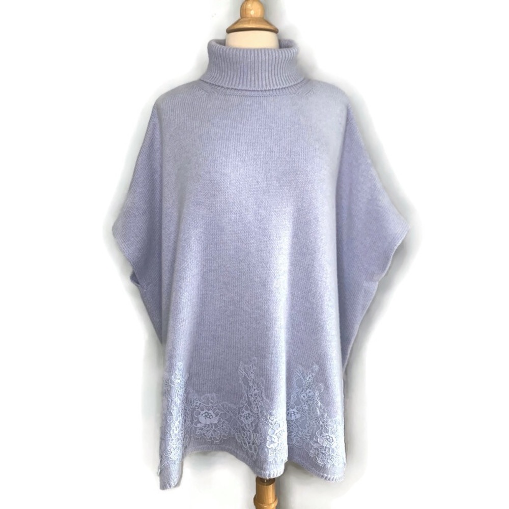 Ermanno Scervino Lavender 100% Cashmere Turtleneck Lace Hem Poncho